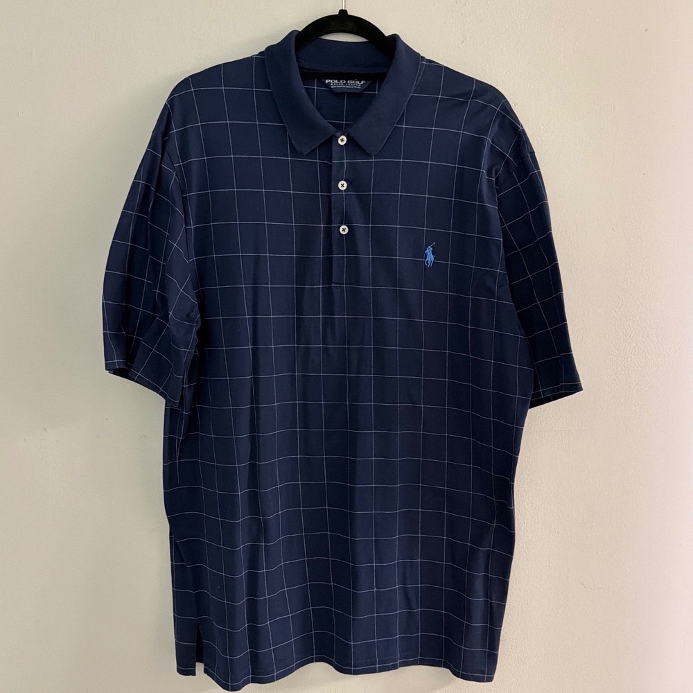 Polo‎ Golf Ralph Lauren Mens Navy Windowpane Check Cotton Polo Shirt XL
